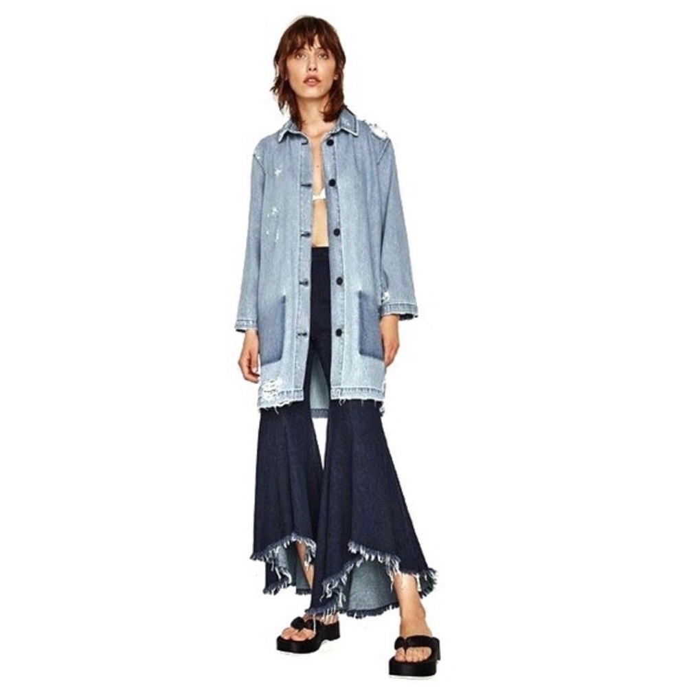 Zara Distressed Denim Chambray Coat Frock Jacket